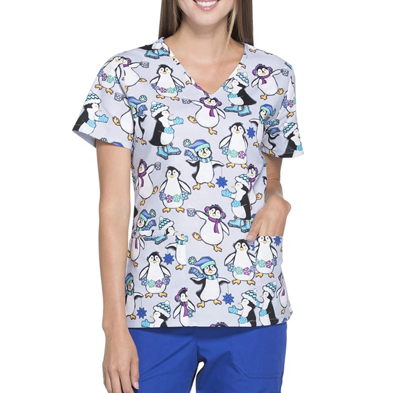 High Quality Anti-wrinkle Waterproof Soft Fabric Short-Sleeved Shirt Surgical Gown Cartoon Print Nurse Scrub Uniform
