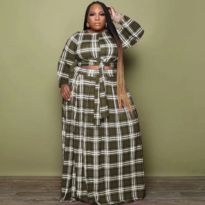 BH698 new arrival 2022 women fall and winter plaid print long sleeve plus size two piece dress set clothing