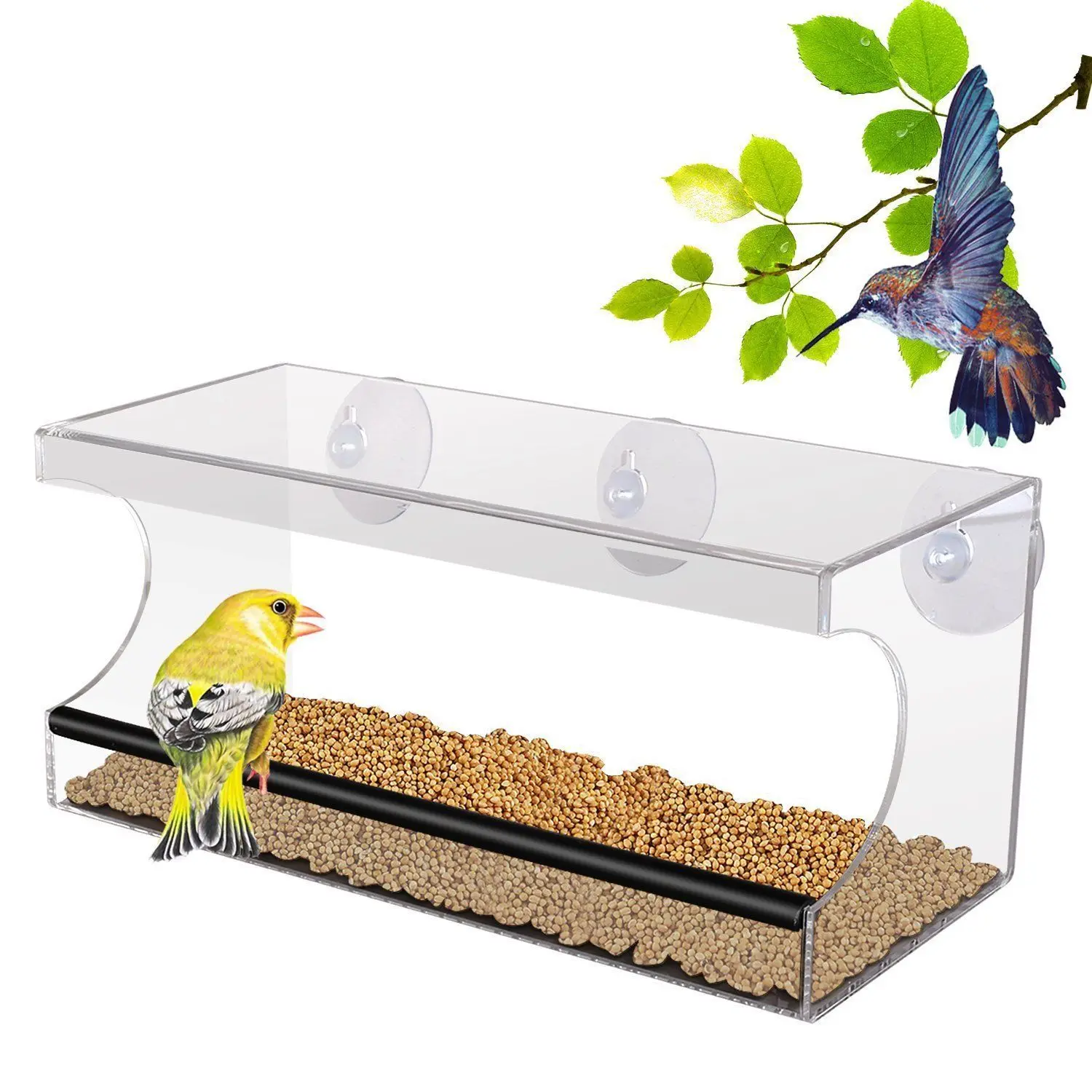 
New Design Long Acrylic Bird Feeder with Strong Suction Cups and Seed Tray 