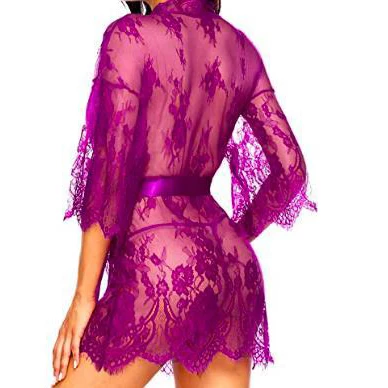 Wholesale Women Sexy Lace Kimono Robe Sheer Mesh Chemise Nightgown Embroidery Transparent Nightwear V Neck Shorts Lingerie