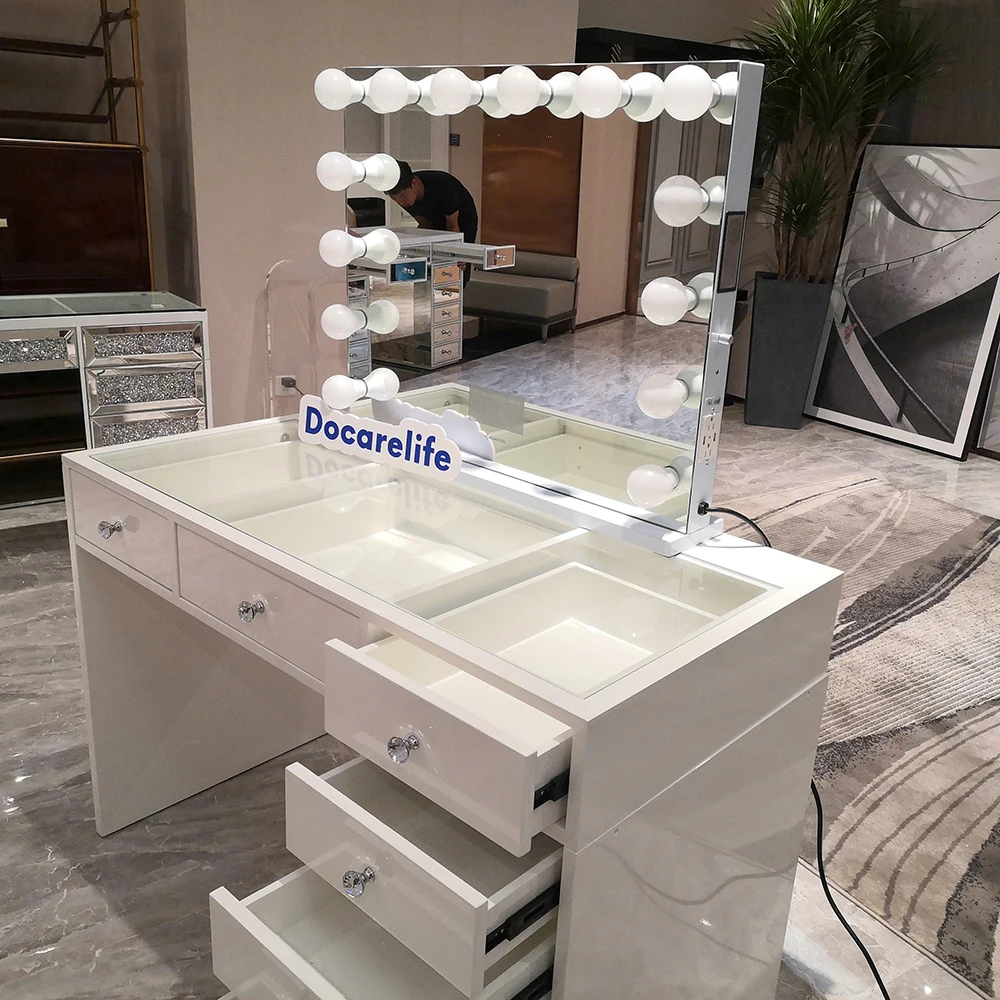 stock in U.S luxury wooden bedroom sets high glossy painting 7 drawers dressing table 2022 wooden luxury makeup vanity table set