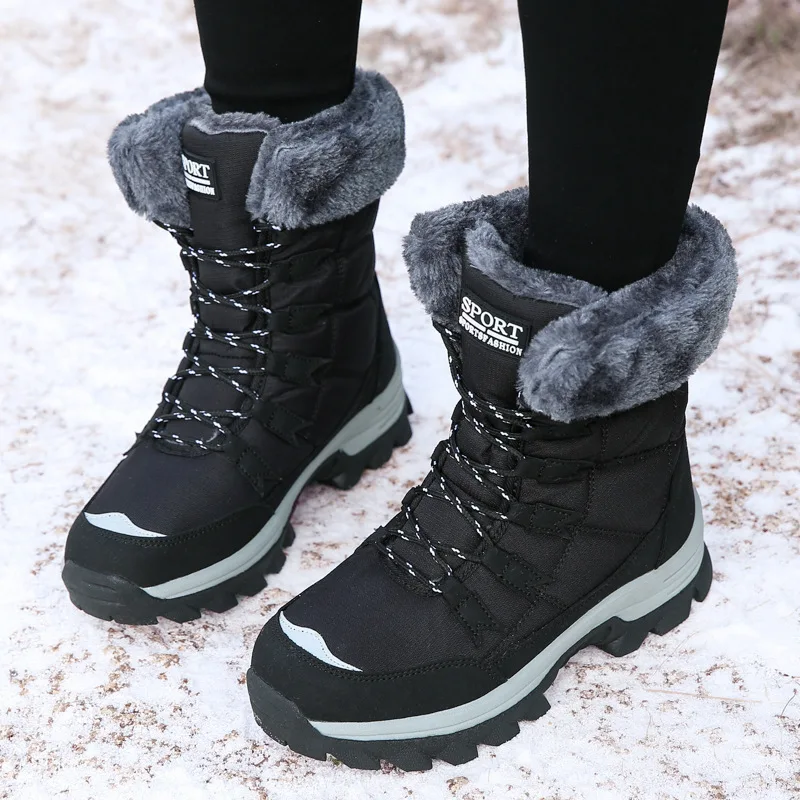 New Style Solid Color Plush Warm Waterproof Snow Boots Fashion Lace Up Outdoor Casual Winter Boots For Women