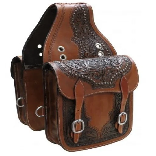 Manaal Enterprises Beautiful Designer Cow Hide Genuine Leather Western Tooled Carved Horse Saddle Bag, Size 12 L x 11 W x 4 D in