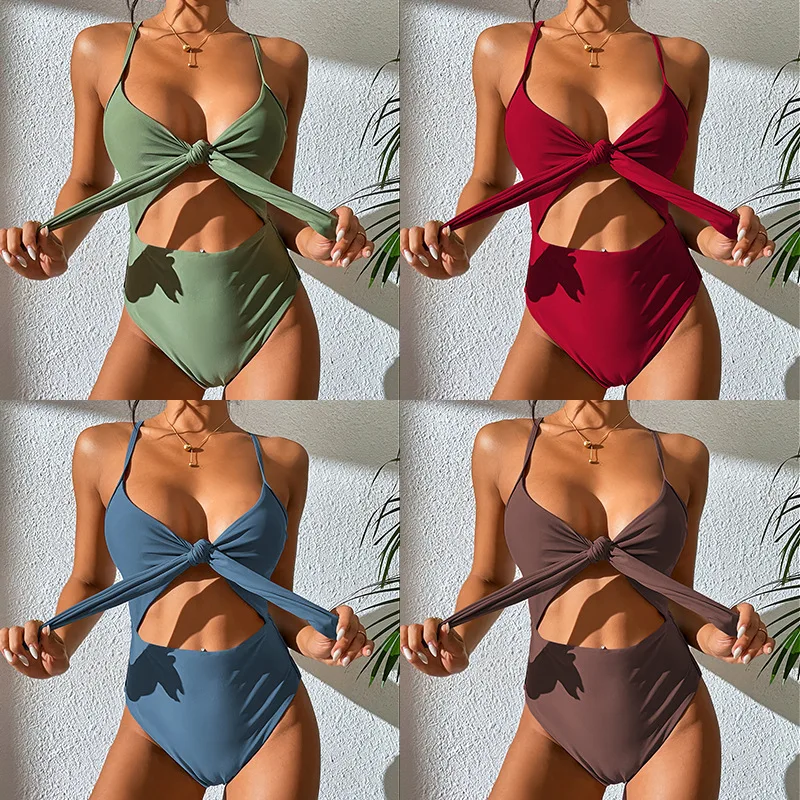 Solid Color Bathing Suit Chest Tie Bow Beachwear High Waist Sexy Sling Backless Swimwear One Pieces Swimsuit Bikini Outfits