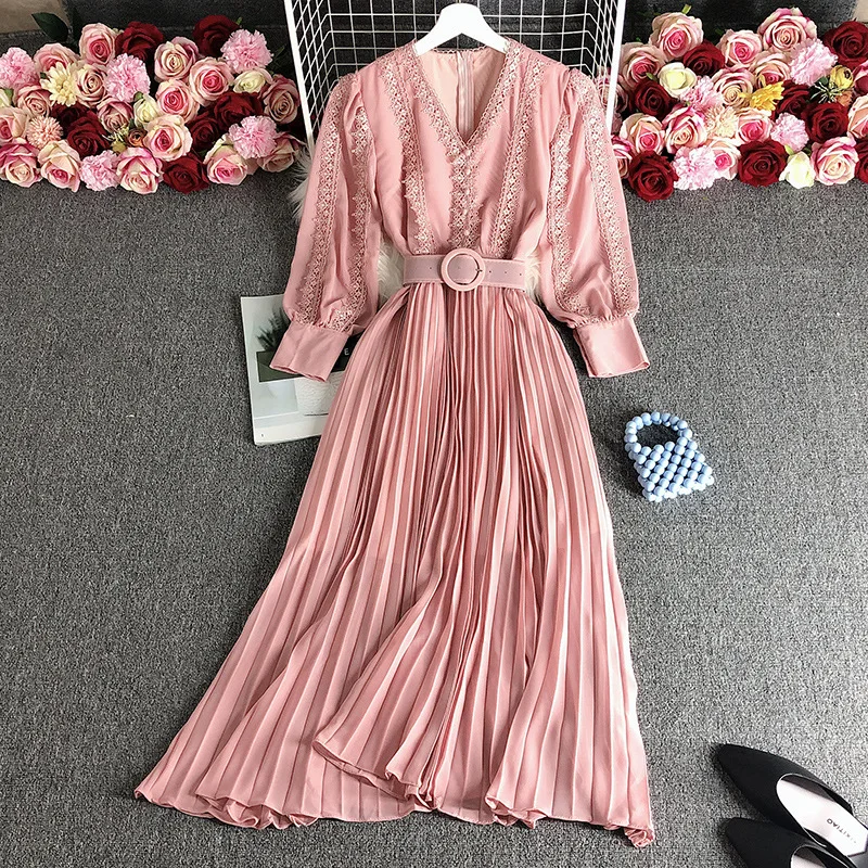 Premium Elegant Lady High-End Round Neck Waist Trimming Dress Autumn Winter New Patchwork Lace Puff Sleeve Chiffon Casual Dress