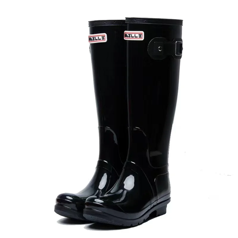 Hotsales New Design Wellington Rain Boots Black Shiny Half PVC Unisex Ladies Knee Boot Winter Autumn Mesh Lining Feature Work
