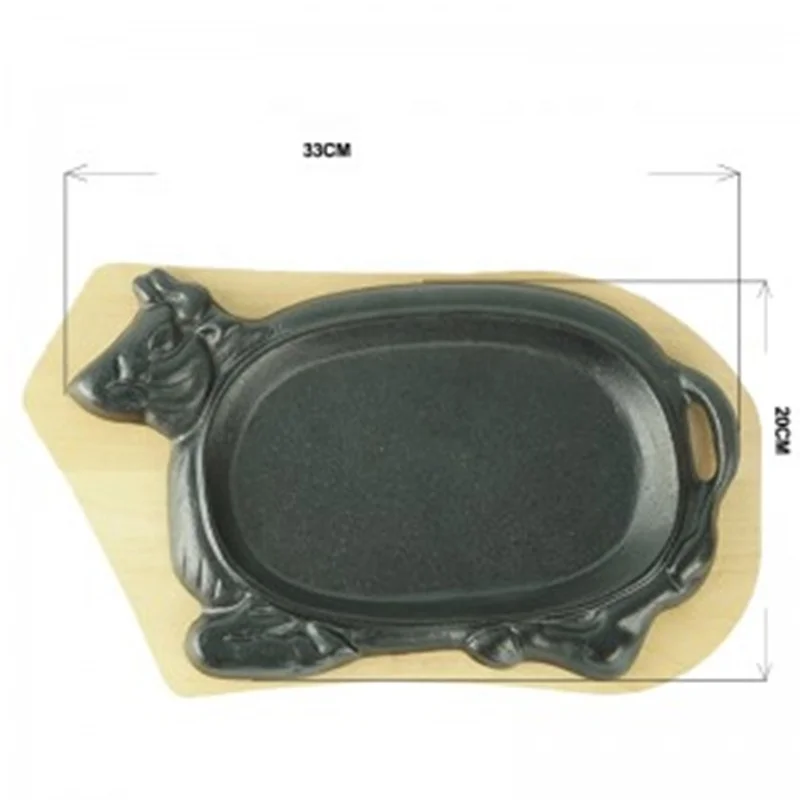Hot Selling Dish Pan Cow Shaped Cast Iron Sizzling Steak Plate With wooden base Fajita Pan
