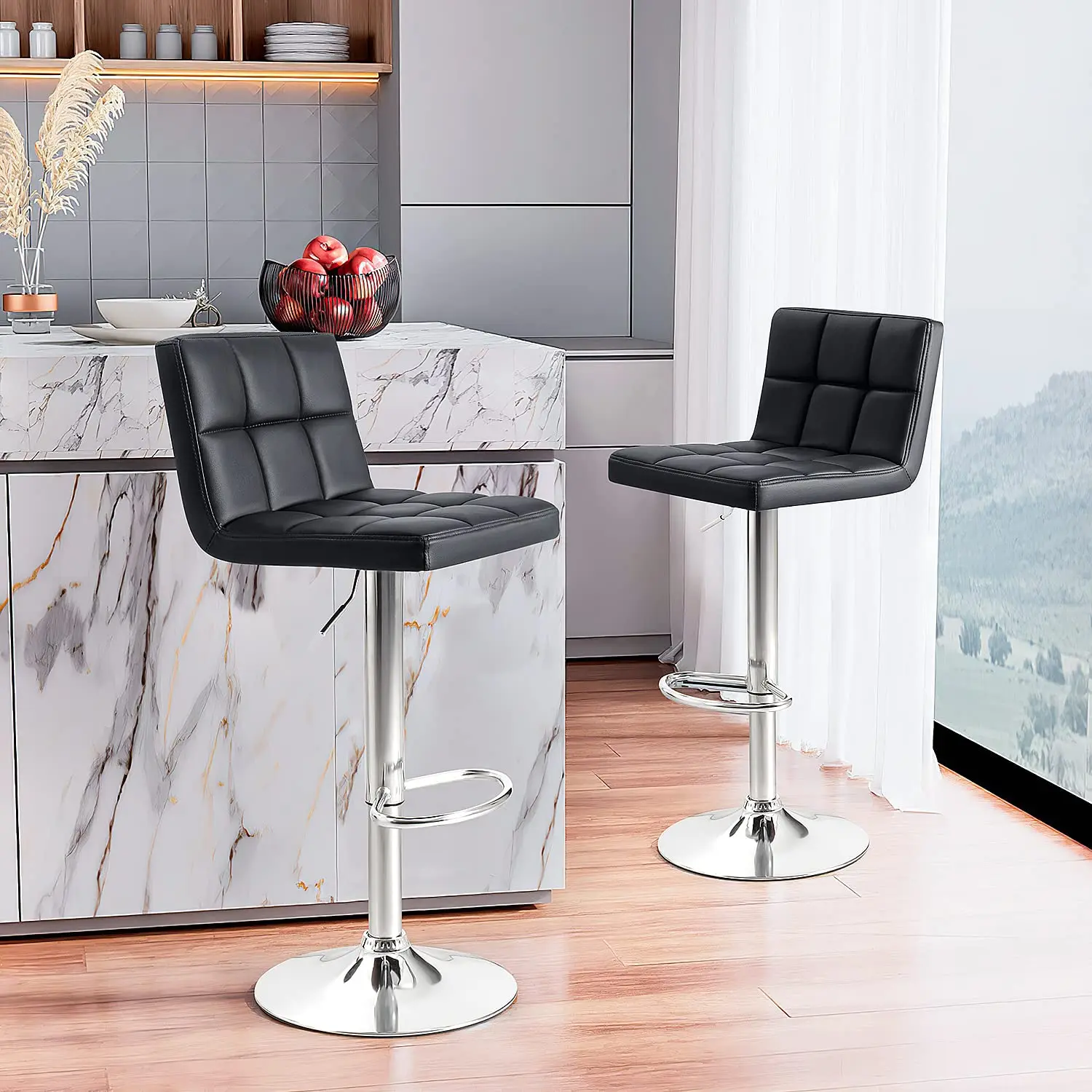 Modern High Bar Stool Chair Counter Height  Square Pu Leather Adjustable Swivel Gray Bar Stools With Back