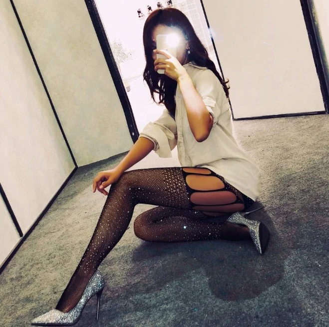 Hot Sell Tights High Stockings Black Plus Size High Waist Fishnet Suspender Pantyhose Sparkly Rhinestone Stocking for Women