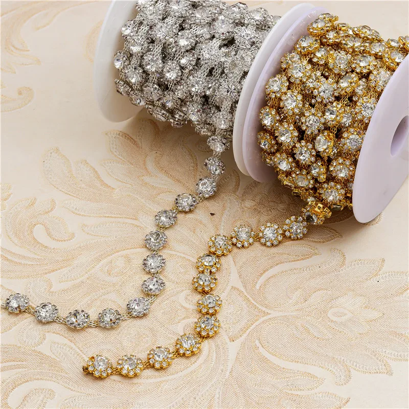 Gold Crystal Rhinestone Flower Metal Cup Chain rhinestone fringe trim for Bridal Wedding Dress Decorative Trim