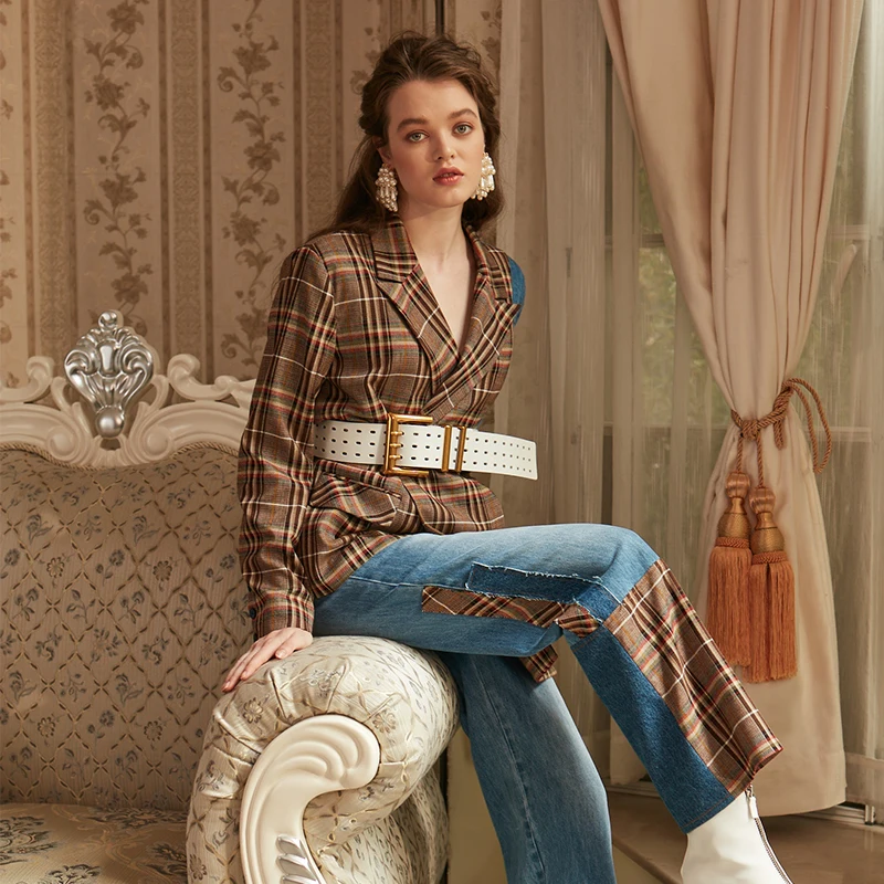 
RENI original retro plaid stitching denim loose wide-leg straight casual street fashionista trousers 