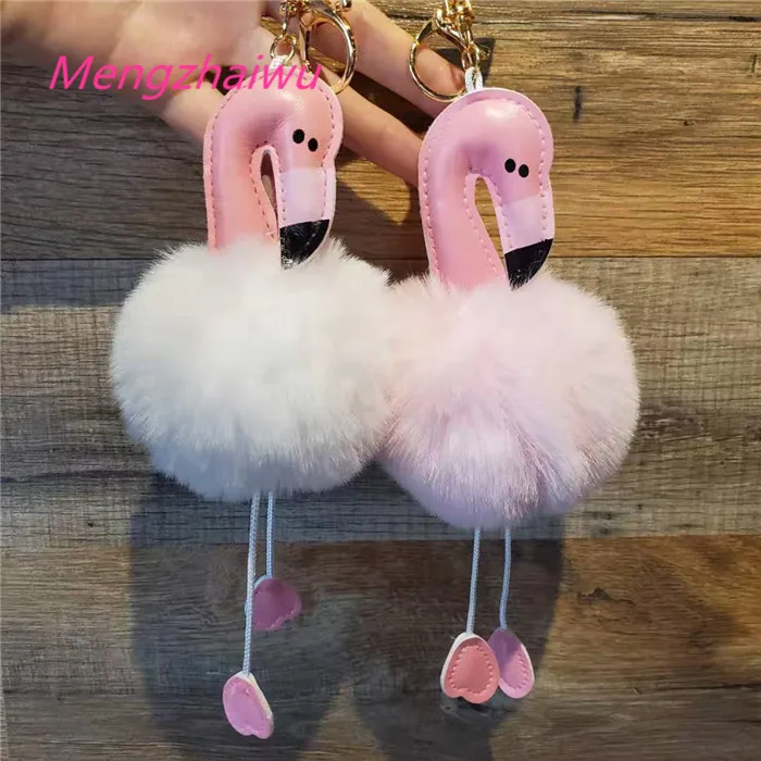 France Best Selling Trend Household Products Fashion Plush Pom Pom Ball PU Flamingo Leather Key Chain Fur Cute Keychains