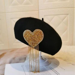 Зимняя шерстяная вязаная шапка из материалов берет шапки модные французские фетровые с кисточками и сердечками милый