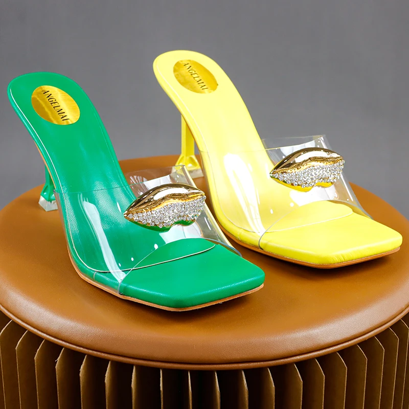 2022 New Women Slipper Sandals Thin Heel Mules Shoes Metal Lip Shape Rhinestone Transparent Sexy Party Dress Heeled Sandals