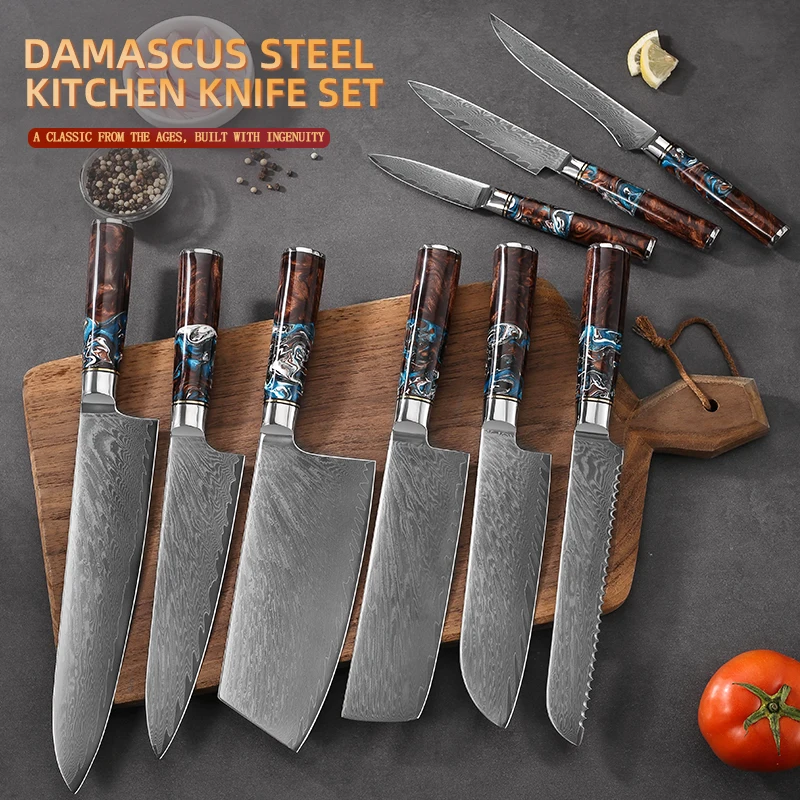 Wholesale hot sale custom made damascus steel Nakiri knife cutting meat slicing restaurant kitchen knife japanese santoku knife