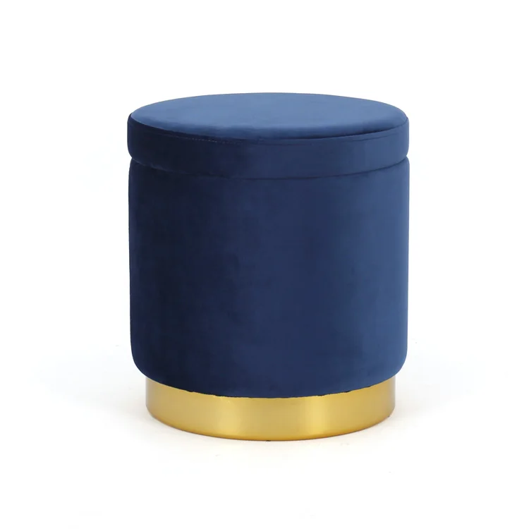 Customized Velvet Round Blue Velvet Ottoman Small foot stools and Ottomans Gold Metal Storage Stool