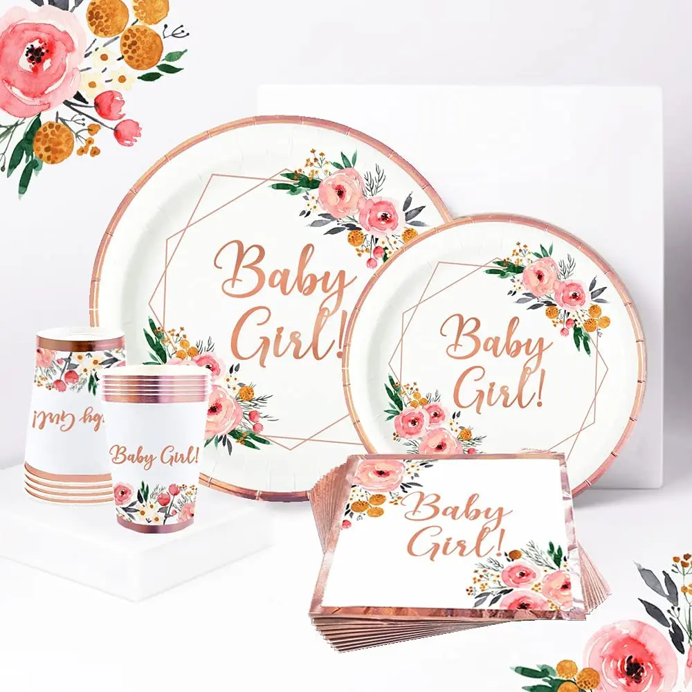 Baby shower party dining plate and napkins suitable for 24 kinds of flowers bohemian party supplies rose gold sweet flower deco
