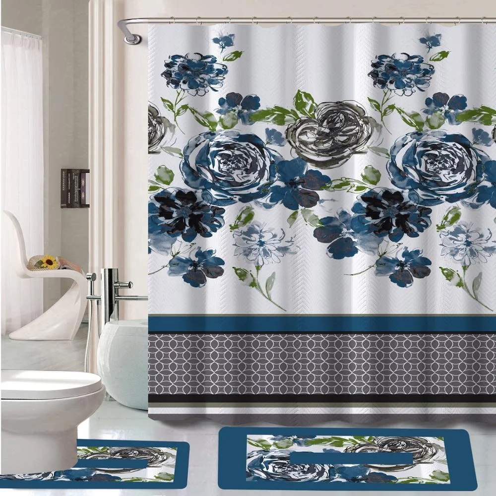15 pc Printed Poney  Bath Mat Set 1 printed shower curtain 1 Contour Rug  1 Rectangle rugs  12 Roller  hoohs   color blue
