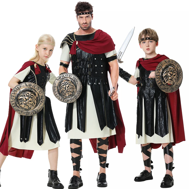 Halloween Kid Samurai Costume Warrior Cape Shield Knife Adult Man Costume