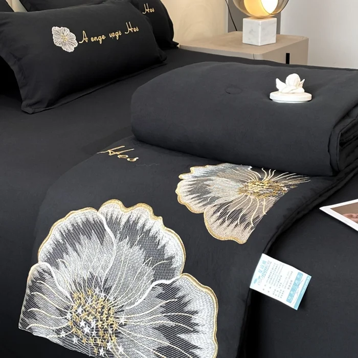European style skin-friendly printing  embroidery smooth ice silk summer cool washed silk Quilt sheet sets king  sheet 4 pcs