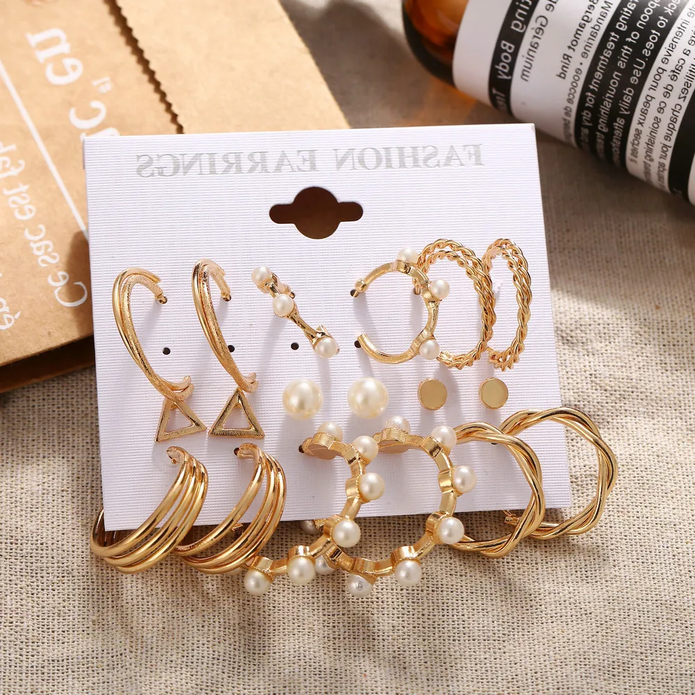  Retro personality 9 pairs ear ring inlaid pearl small earring earings set simple elegant