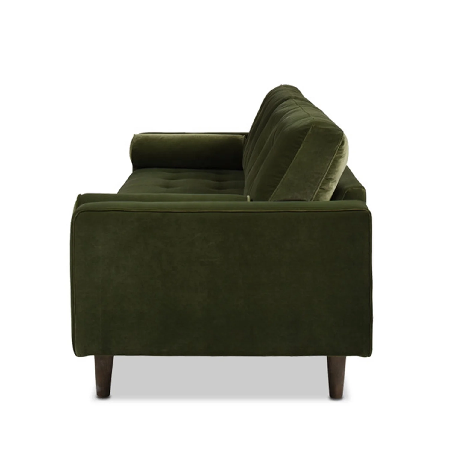 Mid-Century Modern Design Wooden Frame Green Velvet Fabric Square Tufted Seat Living Room Loveseat Sofa