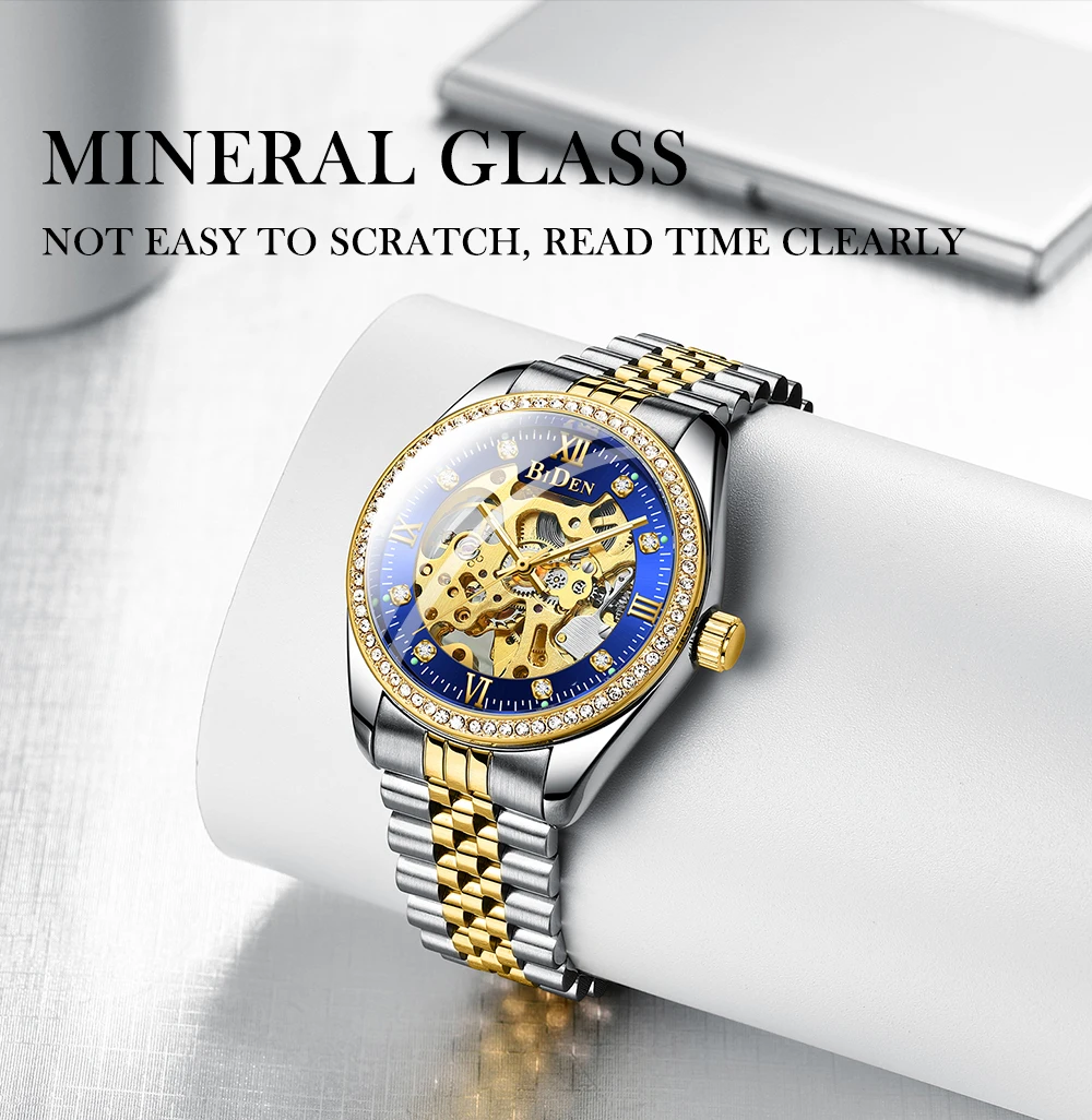BIDEN new arrival luxury diamond skeleton gold stainless steel mechanical watches in wristwatch