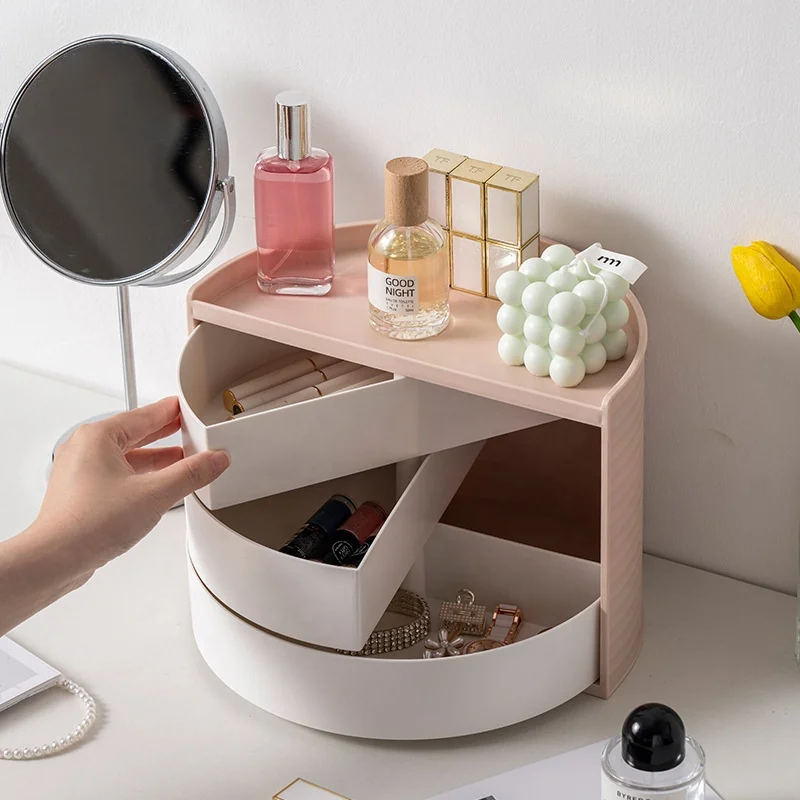 Desktop Countertop Organizer Makeup Organizer Semi Circular Dresser Jewelry Container Dustproof Rotating Cosmetics Storage Box