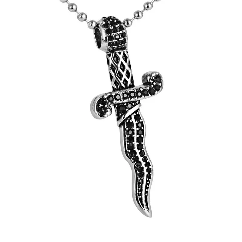 Fashion Titanium Steel Snake Sword Pendant With Black Diamonds Stainless Steel Large Cross Sword Necklace