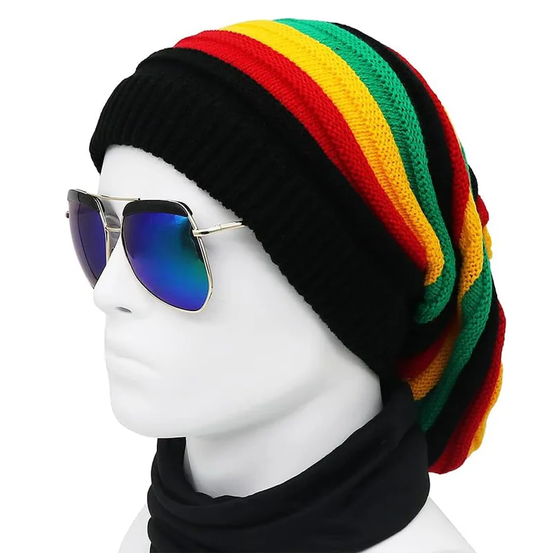 Custom Hip Hop Reggae Rainbow Striped Unisex Crochet Knitted Slouchy Baggie Jamaican Rasta Beanie Hat