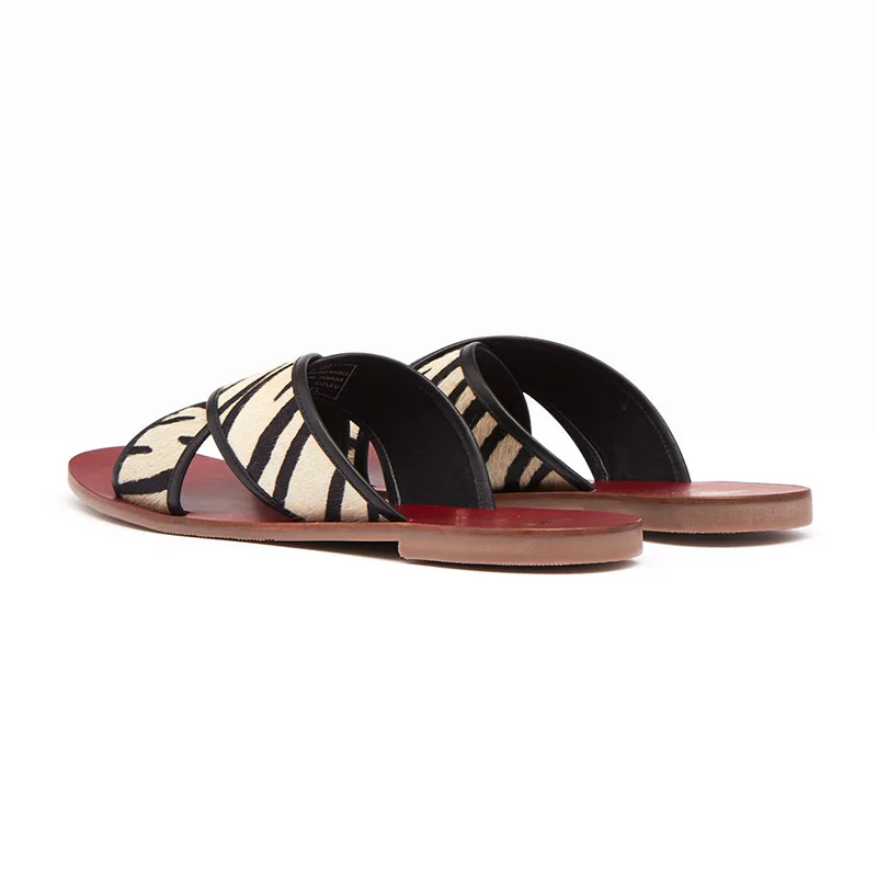 Open Toe Leather Insole and Rubber Sole With Crisscross X-Strap Leather Upper Flat Slide Female Slippers