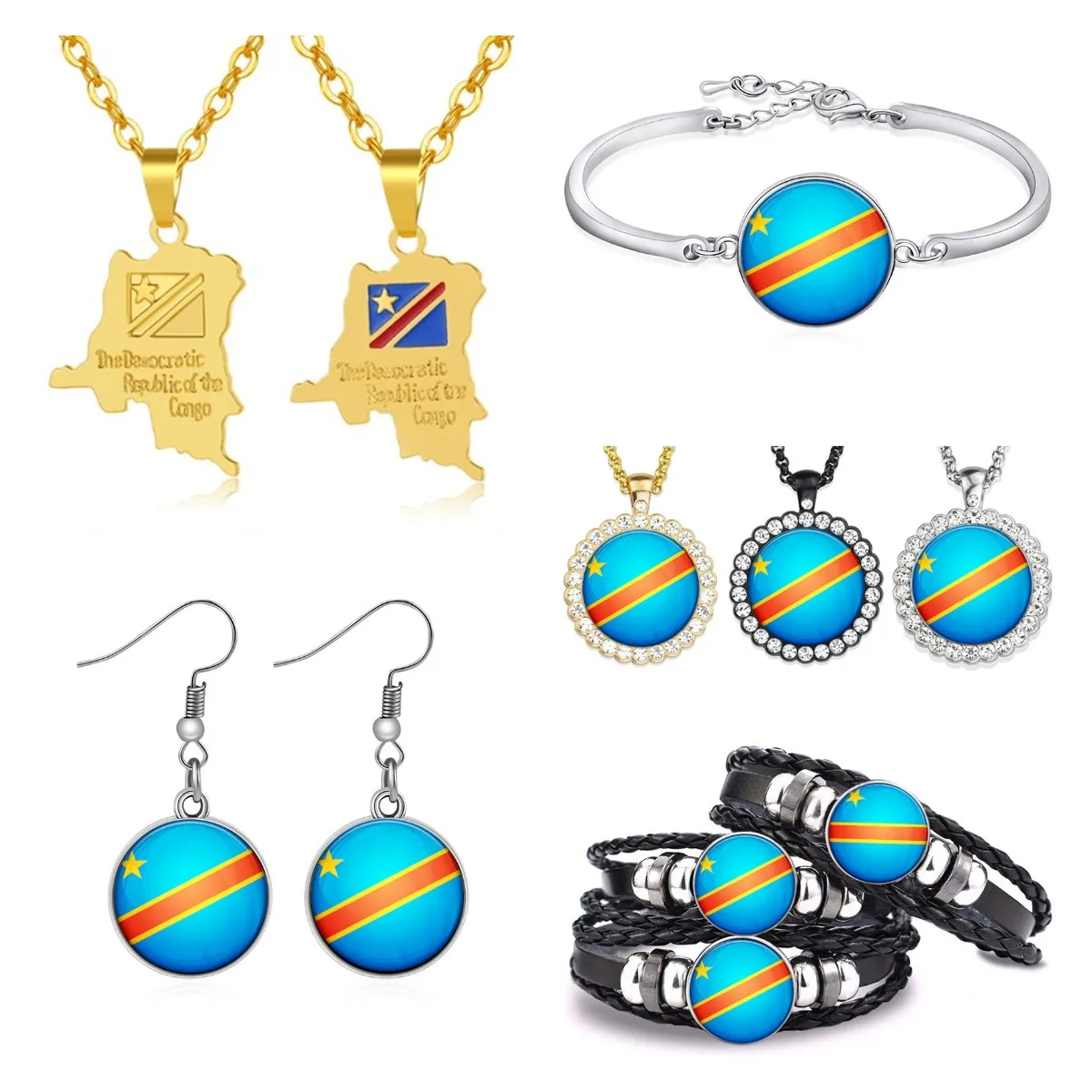 60 Models Democratic Republic of Congo Flag Map Key Chain Ring Tie Clip  Brooch Lapel Pin Necklace Bracelet Earrings Jewelry Set
