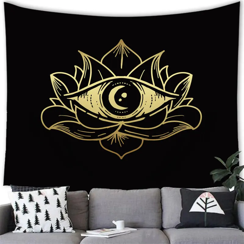 80W X 60L Inches Sacred Spirituality Esoteric Collection Aesthetic Sun and Moon Gold Eagle Black Tapestry for Bedroom