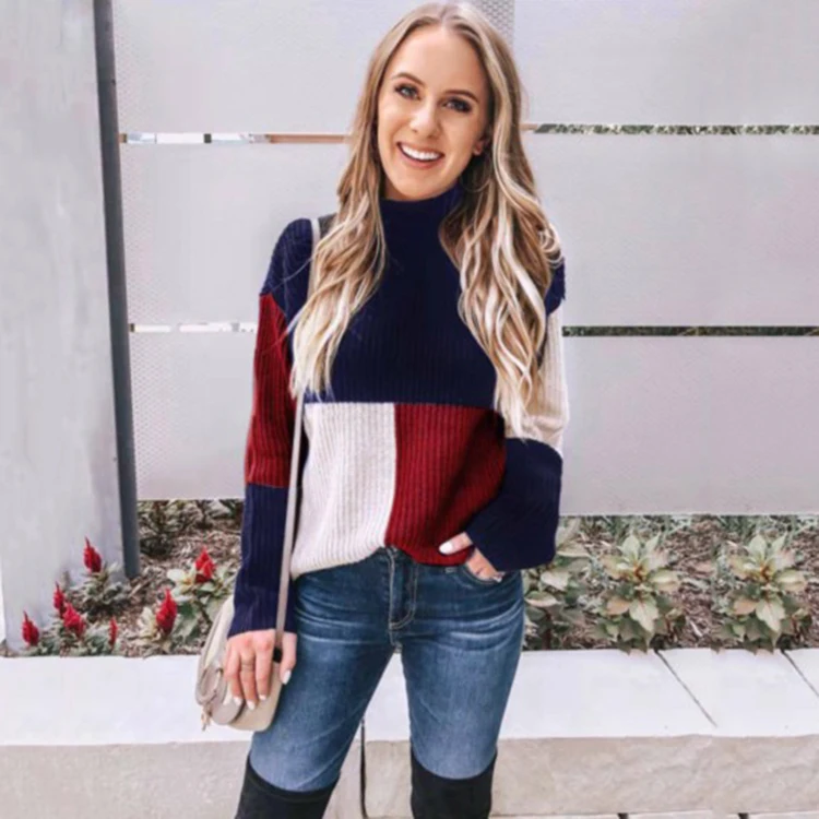 Wholesale Women Winter Sweaters Blocked Colorful Striped Ladies Knitted Sweaters  Loose Oversized Rainbow Sweater