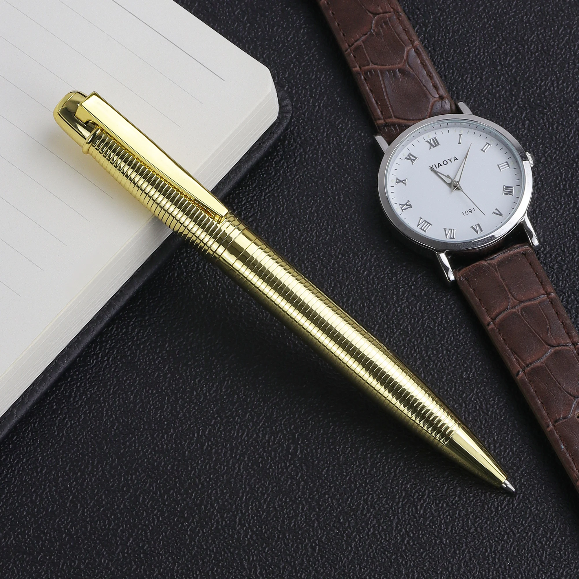 Luxury stainless steel metal body gold trim engraved logo twist ballpoint pen with gift box pen set stationery gift