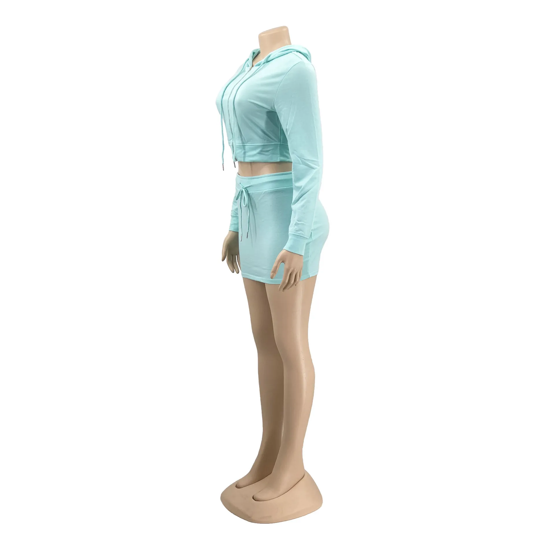 high quality fashion customized logo summer long sleeves bodycon short set with hoodie skirt suits set for women