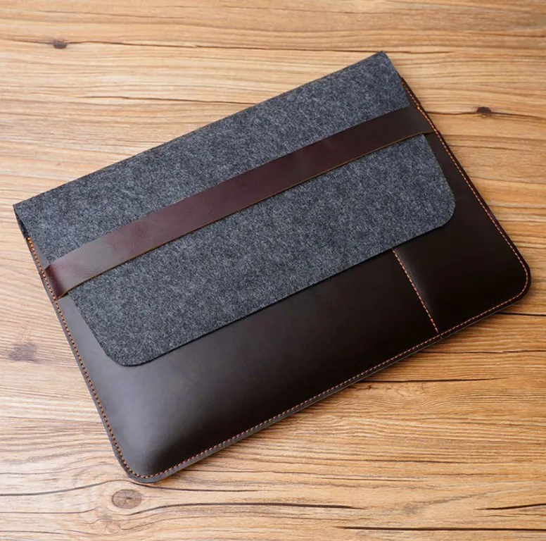 Factory Custom Design Slim Portable Handbag Case tablet cover Soft Grey Felt Brown Leather Patch Wool Felt Laptop Sleeve