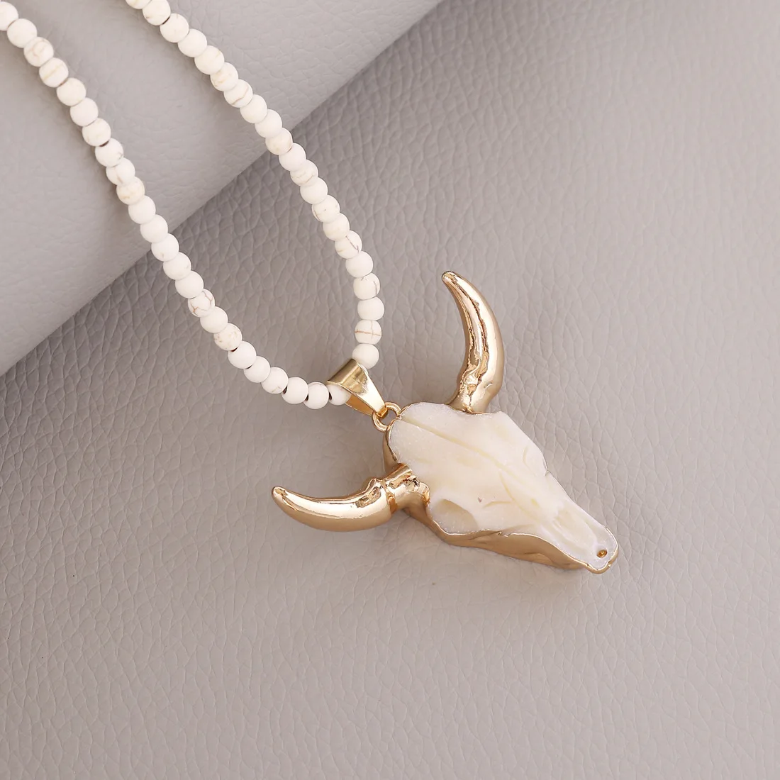 Bohemian Women Statement Gold Plated Skull Head Pendant Necklace Natural Amazonite Stone Bull Horn Necklace
