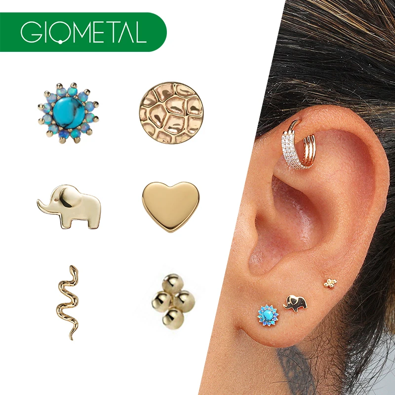 Giometal 14K сплошной золотой слон змея сердце забитое диск без нитей насадки спираль пирсинг бижутерия завод