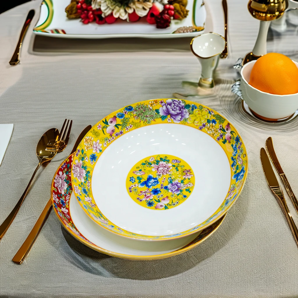 Jingdezhen Китайский королевский фарфор эмалированная цветная тарелка с цветочным узором фруктовая высокого качества посуда для отелей новая модель