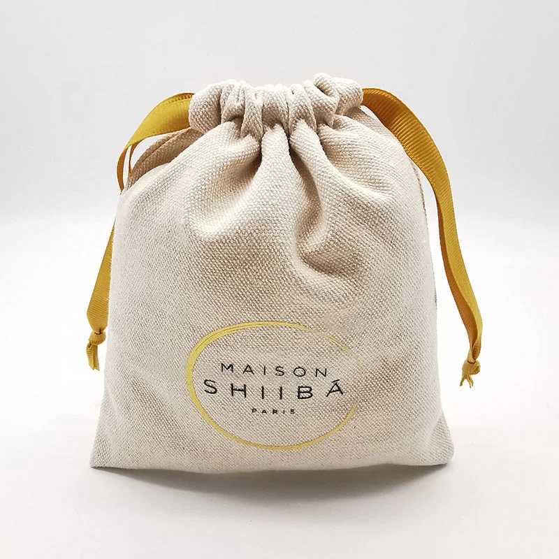 Eco promotional Ribbon customized printing  logo Calico bag organic  cotton canvas bag with drawstring for bottle