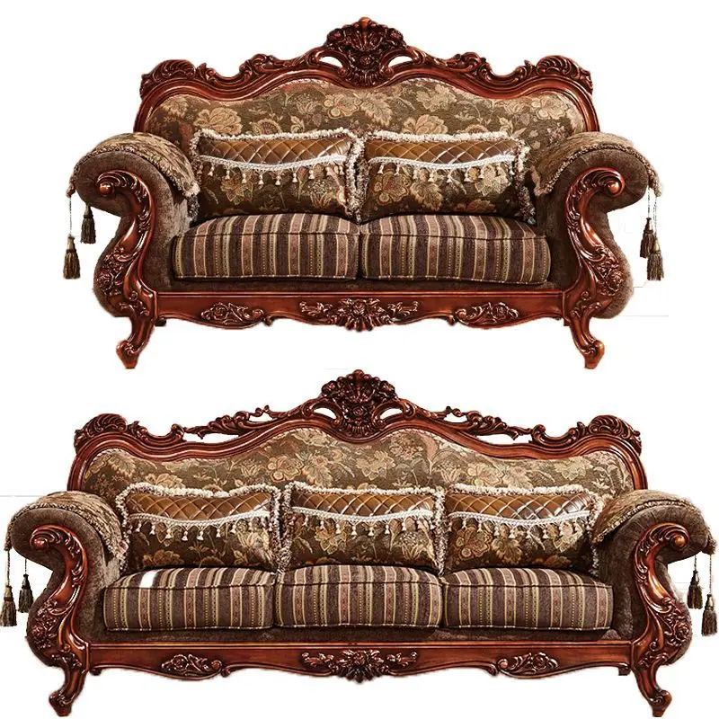 Luxurious European Fabric Sofa Villa Living Room Furniture Solid Wood Carving American Sofa Couch Combination Furniture