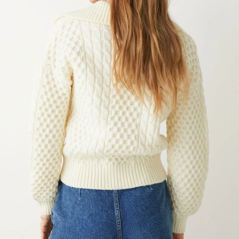 New Fashion Custom Ribbed Collar Cable Knit Sweater With Cuffs And Hem Merino Wool Polo Sweater With A Cable Knit