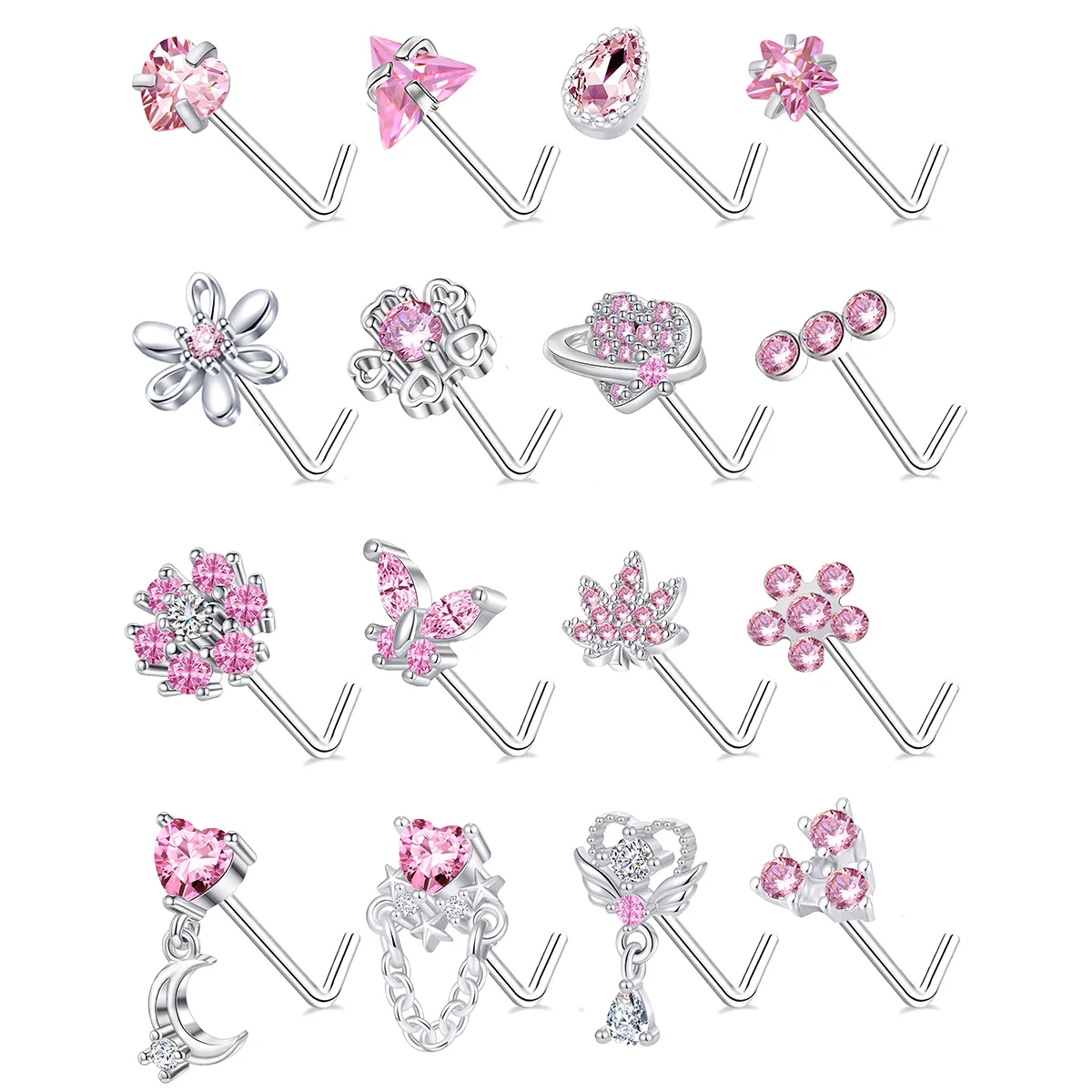 Custom Nose Rings for Women Cute Pink Zircon Micro Insert Stainless Steel L shape Bar Nose Piercing Jewelry Body Piercing