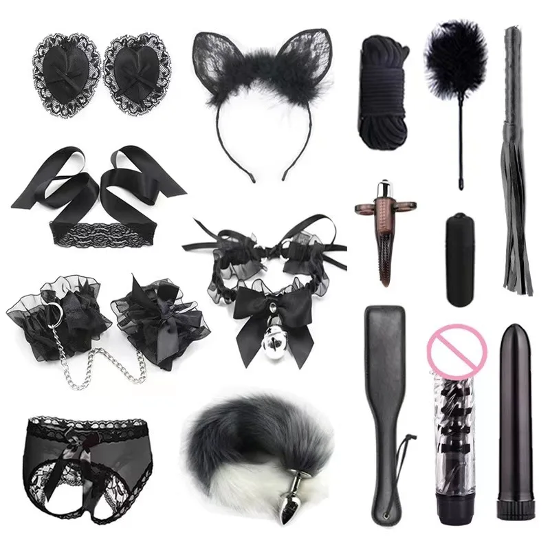 Lace Bdsm Sex Toy Sexy Slave Leather Bed Sm Fetish Bondage Kit 15pcs Fetish Handcuffs Bondage Restraints For Adult Bondage Set