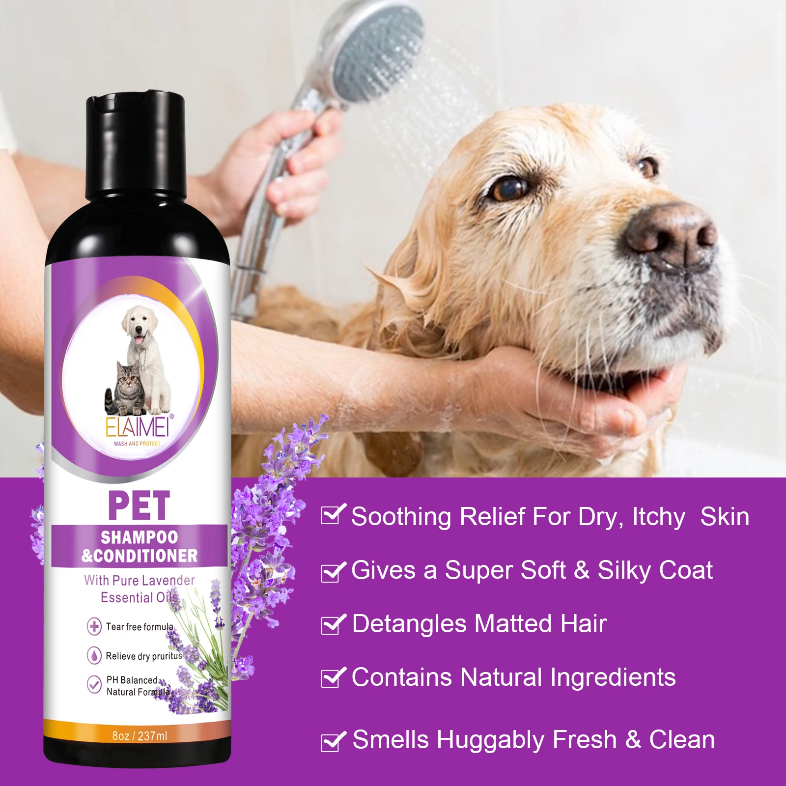 Custom Logo Pet Care Products Professional Lavender Groom Shampoo Korea Deep Cleansing Natural Pet Shampoo Conditioner