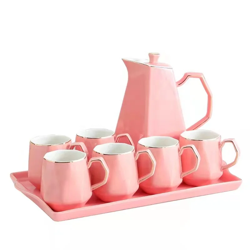 classic 8pcs tea coffee sets teapot with 6pcs cup and tray,pink/gray/blue color ceramic tea  coffee sets