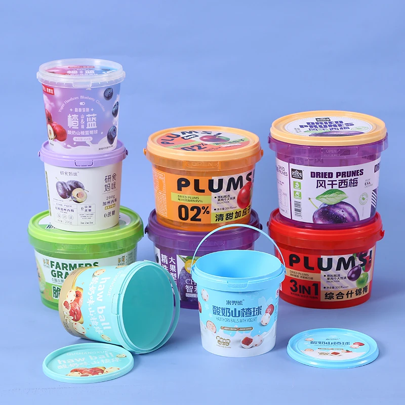 Hot sales Plastic Iml Chocolate Candy Packaging Food Bucket Tub Container With Lid Plastic Packaging Containers