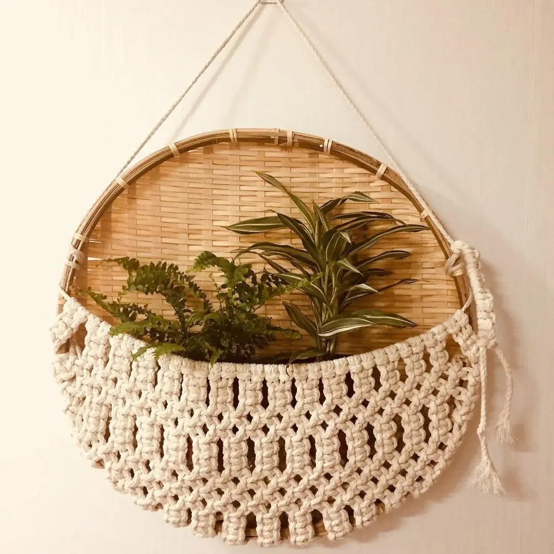 Boho Wall Hanging Tapestry Basket for Plant Handmade Cotton Rope Pot Hanger Set Macrame Plant Holder