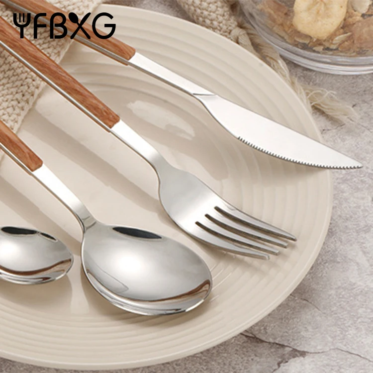 Western High Quality Stainless Steel Silverware Knife Fork and Spoon ABS Plastic Wooden Handle Flatware Cutlery Set Restaurant